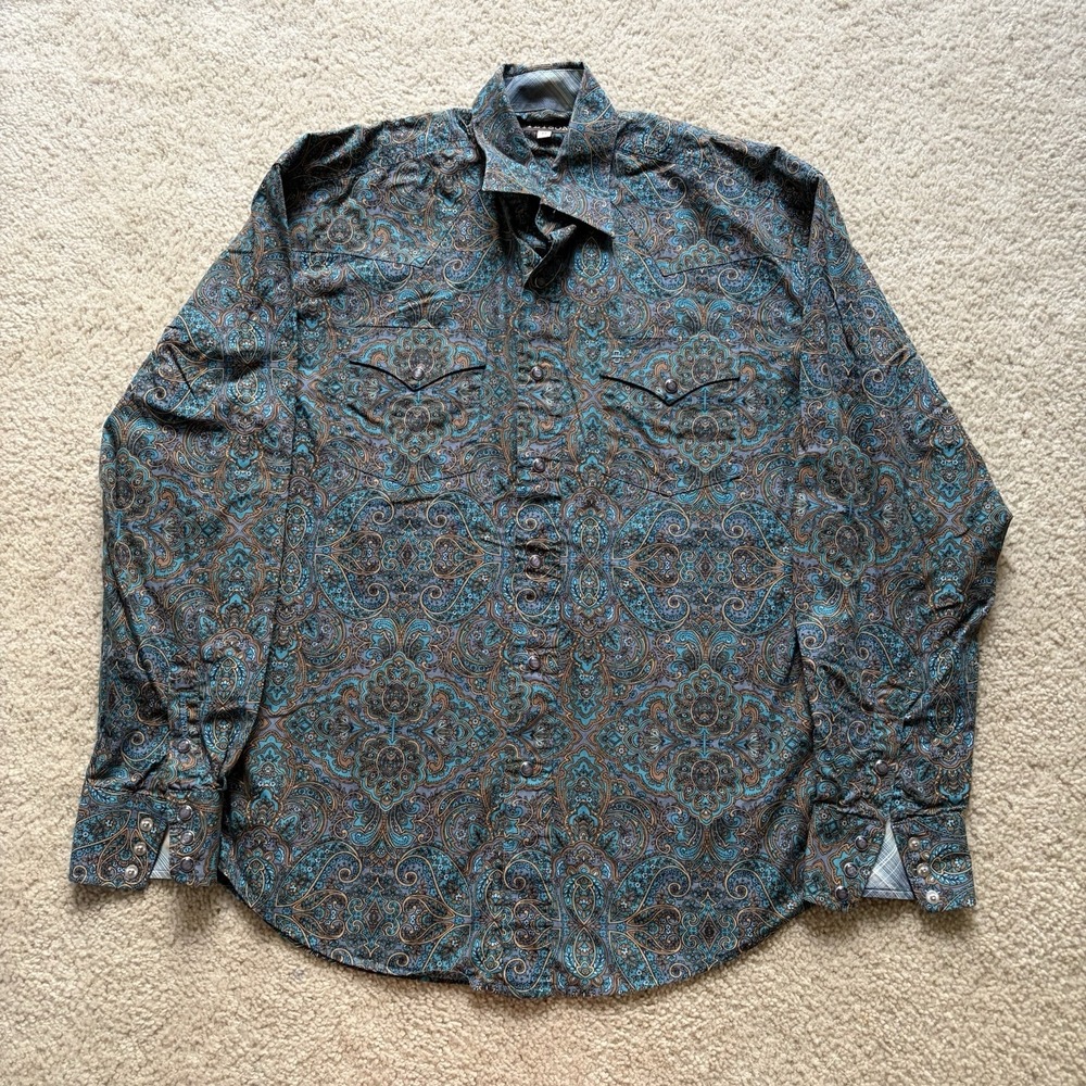 Stetson Blue Paisley Floral Western Cowboy Pearl Snap Shirt Men M Rodeo